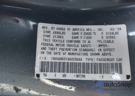 2009 Acura Tl 3.5 из США, поврежденный, VIN 19UUA86519A025644